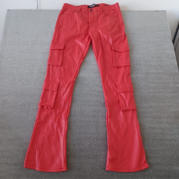 Valabasas Stacked Faux Leather Cargo Pants Mens 36x36 Matte Red Banjo Flared Leg